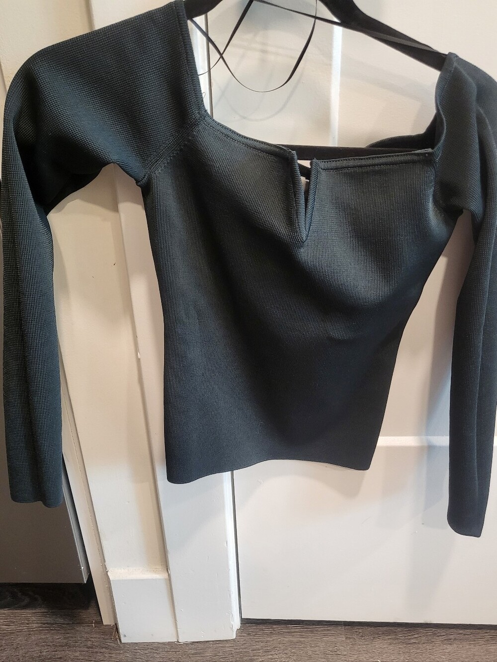 Off-Shoulder Ribbed Long Sleeve Top in Dark Green